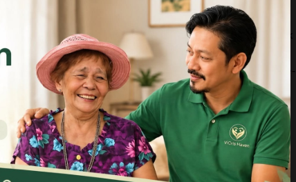 A male ViCris Haven caregiver sharing a warm moment with an older woman at home
